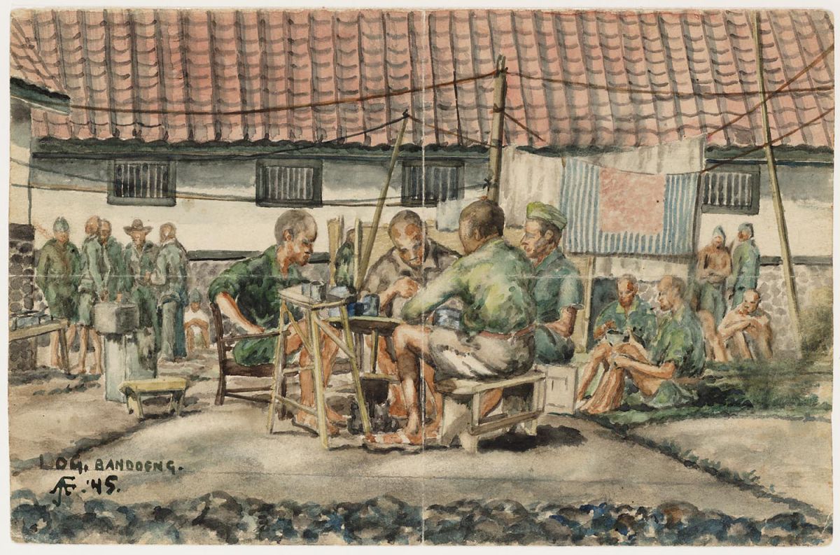 Joop Anemaet, Krijgsgevangenen voor een barak. LOG, Bandung, 1945. Collectie Museon, inv. nr. 67399 a